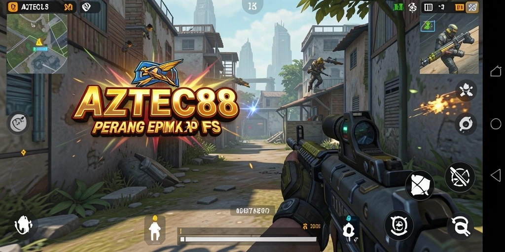 Screenshot gameplay AZTEC88 yang menampilkan aksi pertempuran intens.