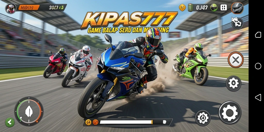 Screenshot gameplay KIPAS777 menunjukkan aksi balap motor yang mendebarkan.