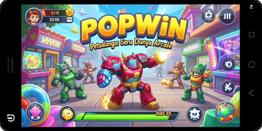 Screenshot utama POPWIN menampilkan gameplay arcade yang menarik dan penuh warna.